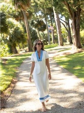 Sail to Sable x Cameran Eubanks White Cotton Midi Dress with Blue Trim